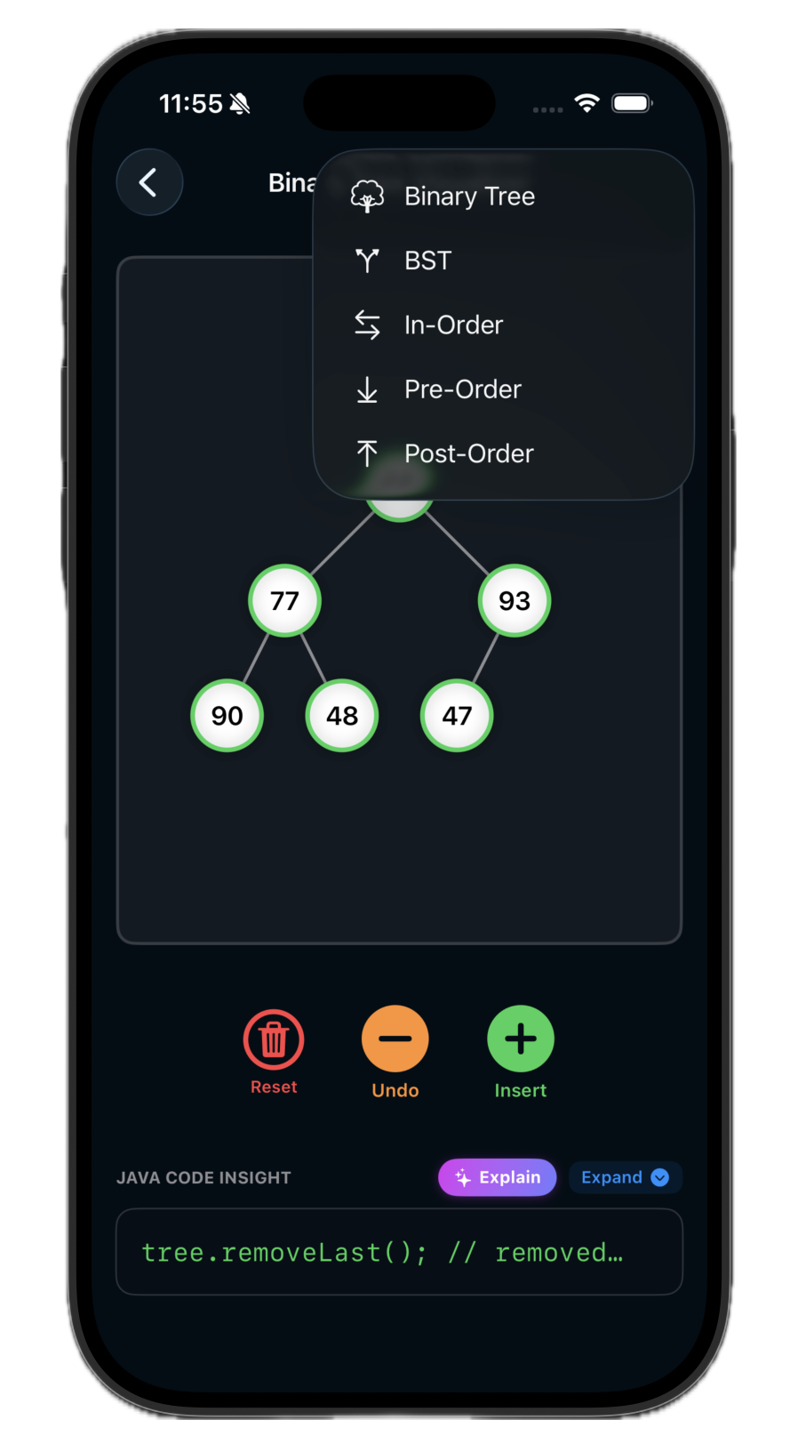 Binary Tree visualizer showing interactive nodes with insert, undo, and reset controls